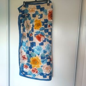 ART OF THE SCARF Blue Square Watercolor Floral Satin Scarf